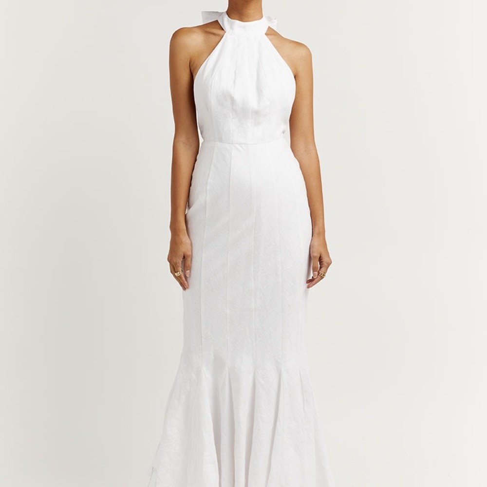 AISLE WHITE LINEN HIGH NECK DRESS